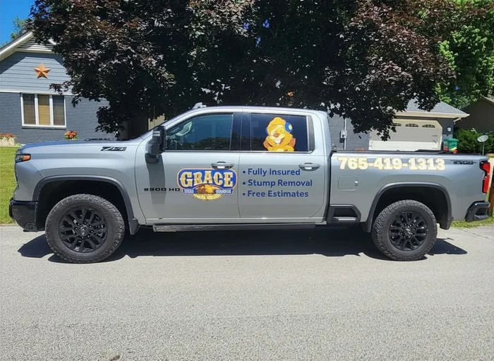Grace Tree Service truck with logo, fully insured and free estimates
